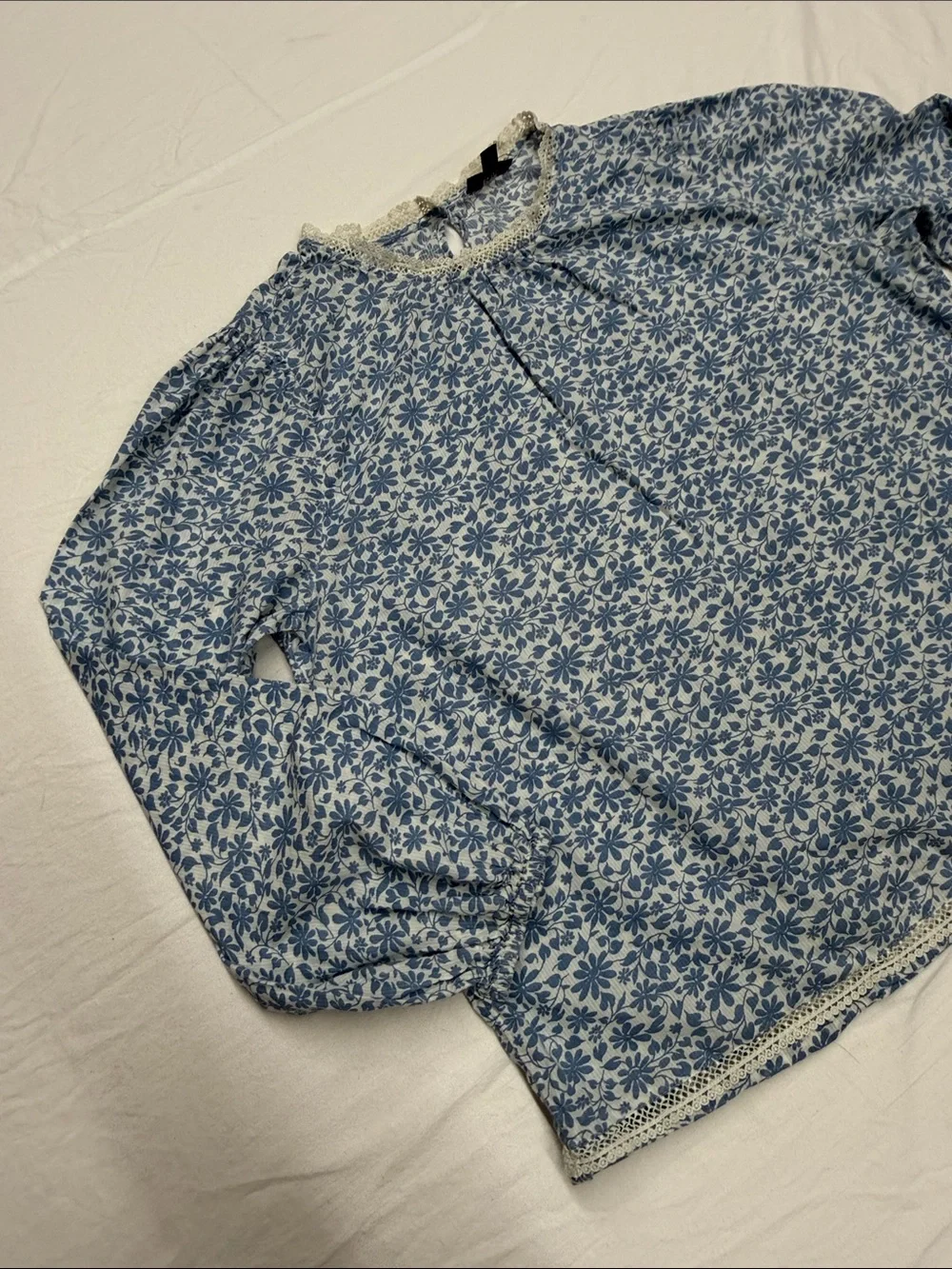 J. Crew Blue Floral Lace-Trim Long-Sleeve Blouse